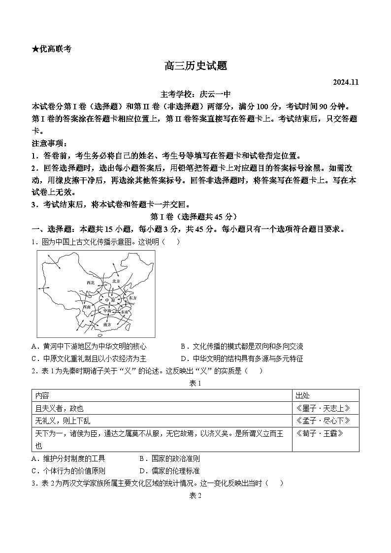 山东省德州市2024-2025学年高三上学期期中考试历史试题第1页