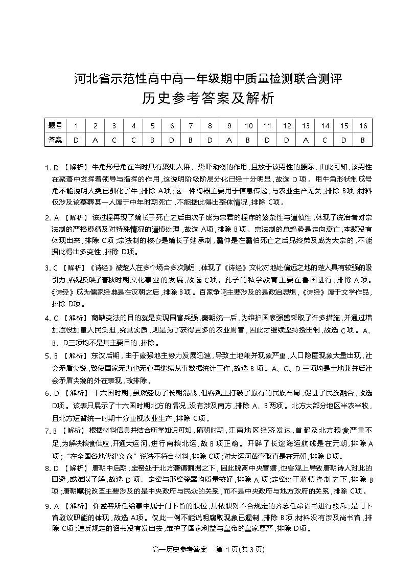 河北省定州市2024—2025學(xué)年高一上學(xué)期期中考試歷史答案第1頁(yè)