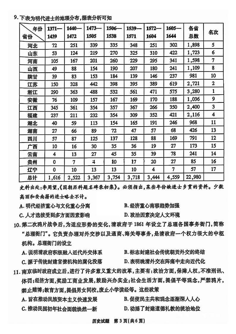 安徽省江淮十校2025届高三上学期高考第二次联考历史试题和答案第3页