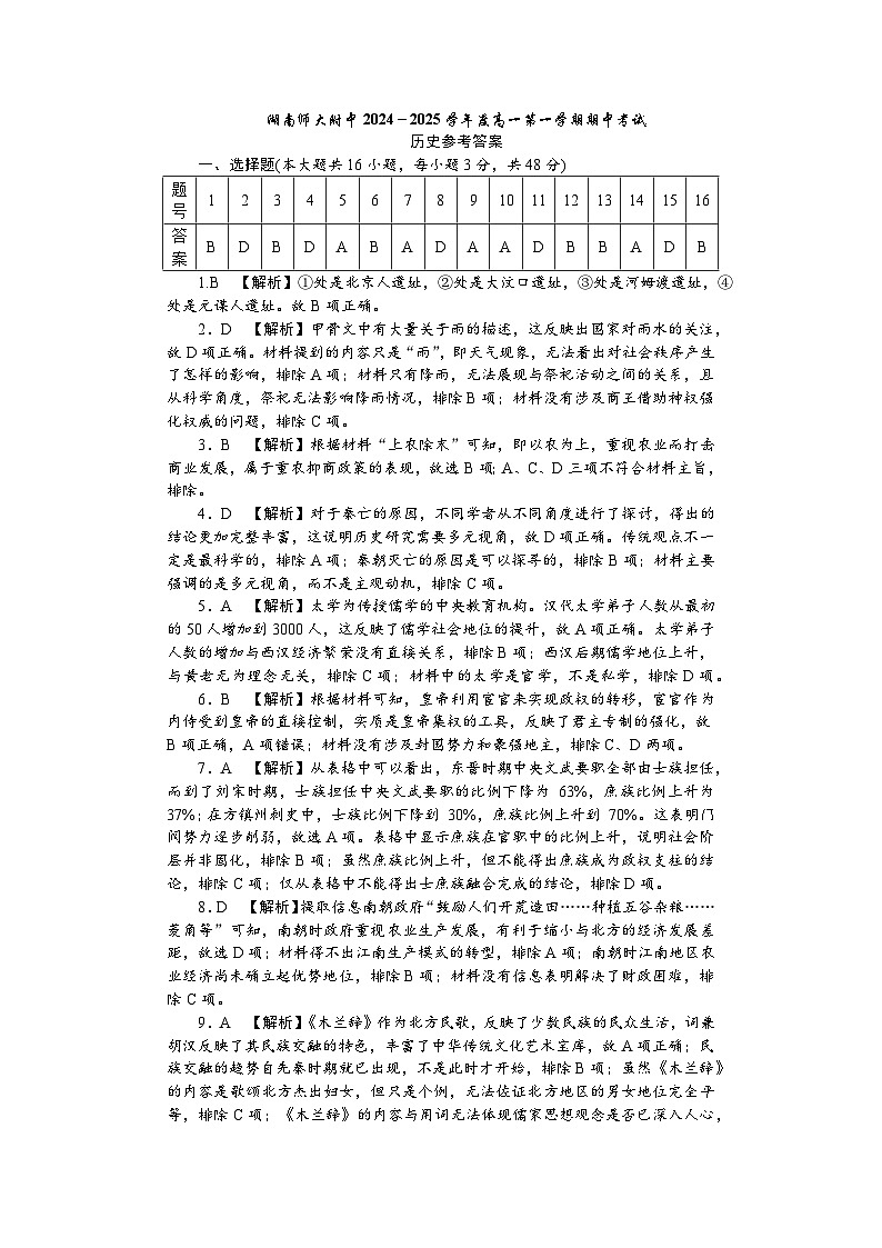 湖南师范大学附属中学2024-2025学年高一上学期期中考试历史试卷答案第1页