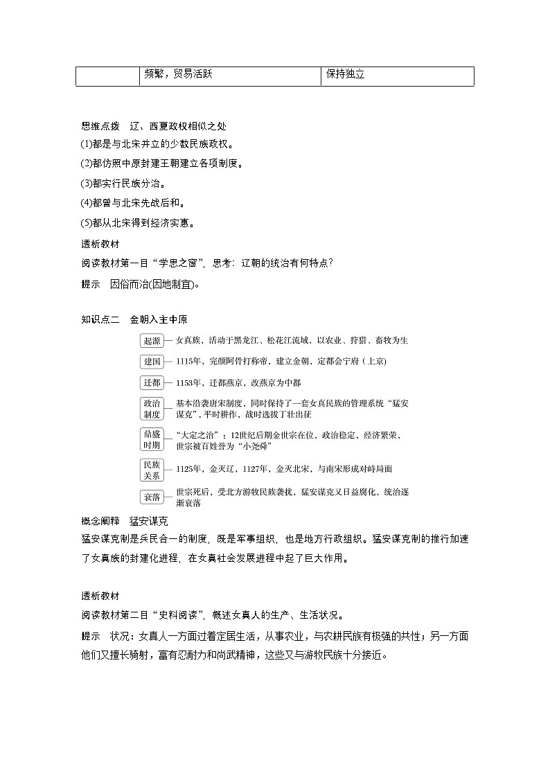 第10课 辽夏金元的统治 学案(含解析) 2024-2025学年高一历史部编版中外历史纲要(上)02