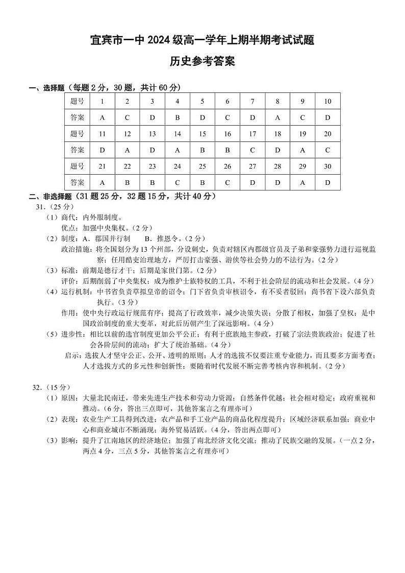 2024高一上期半期考试历史答案第1页