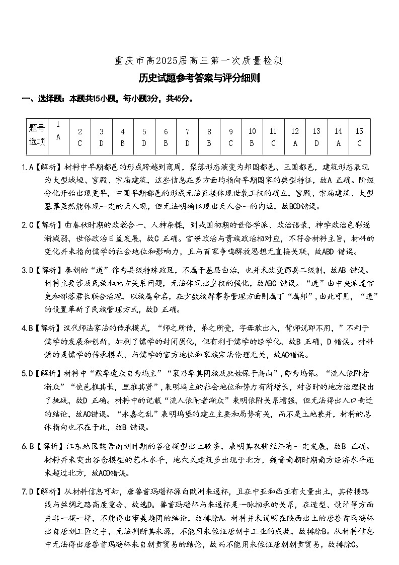 重庆市南开中学高2025届高三第一次质量检测+历史答案第1页