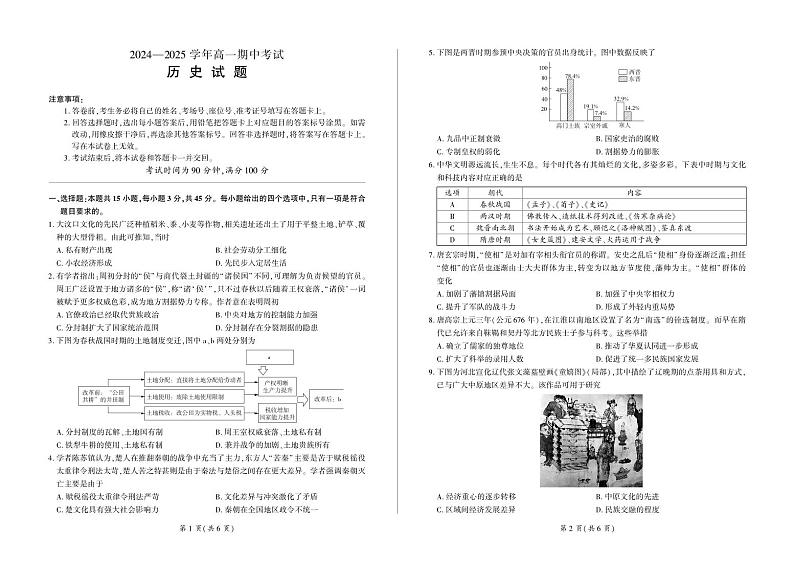 山东省邹平市第一中学2024-2025学年高一上学期期中考试历史试题第1页