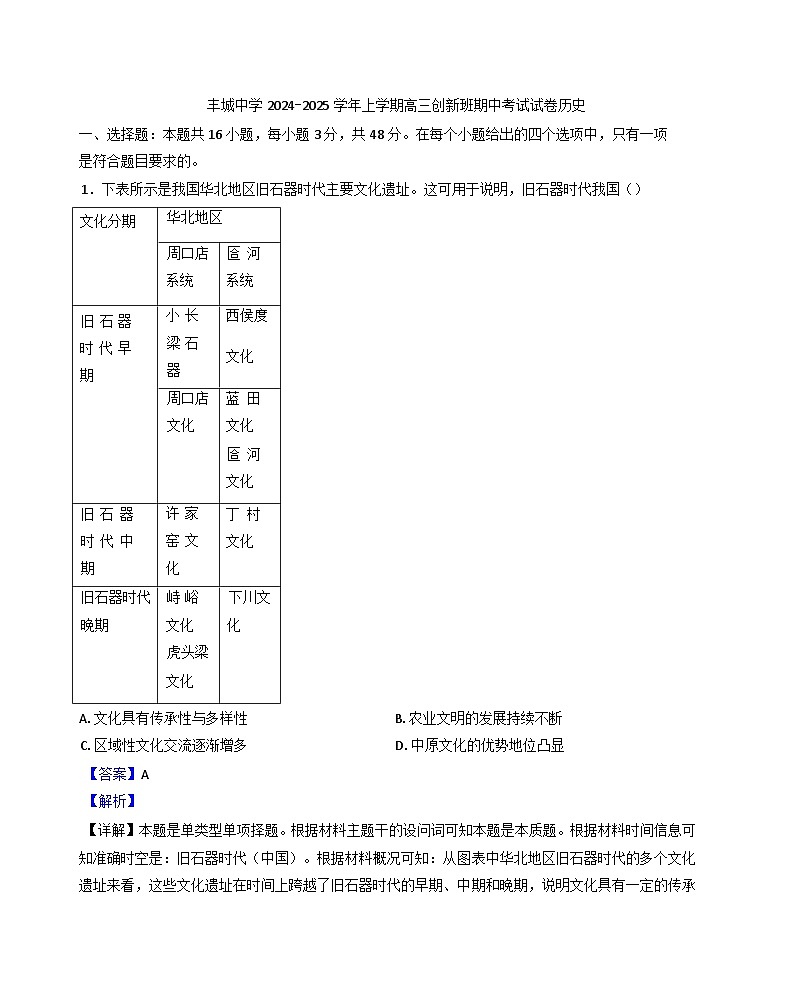 江西省丰城中学2024-2025学年高三上学期期中考试历史试题(创新班)(解析版)01