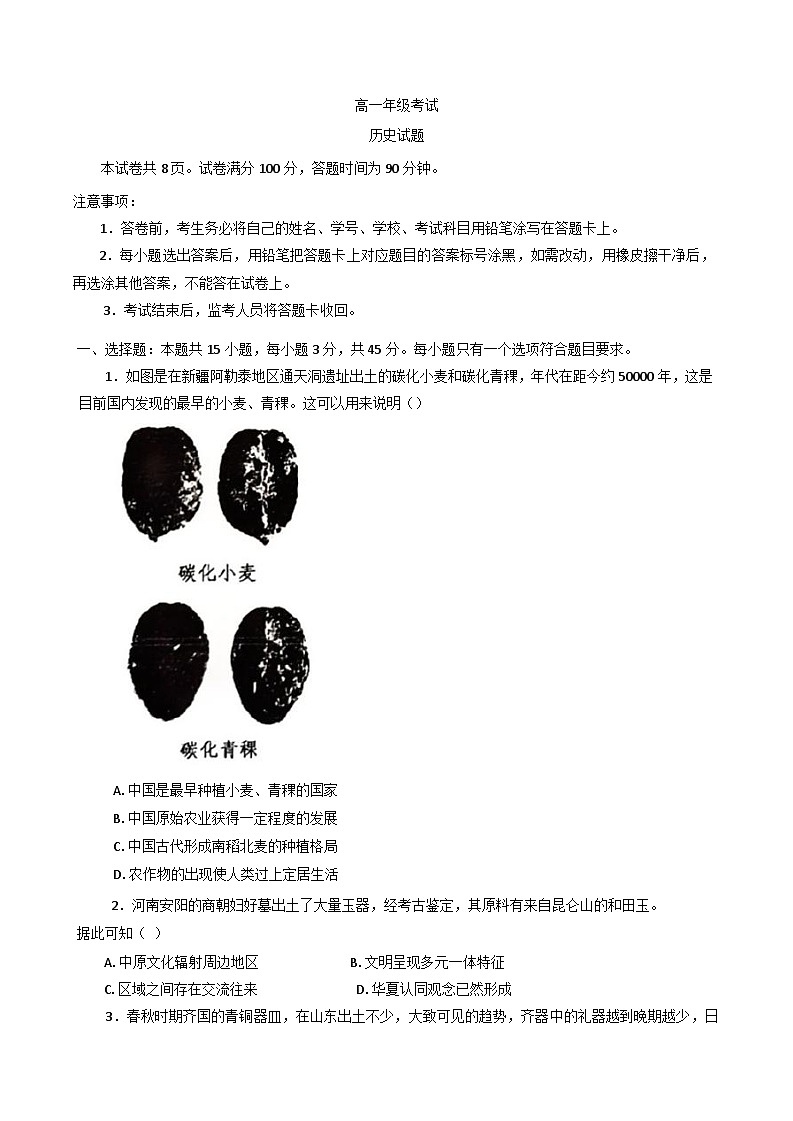 山东省泰安市泰山国际学校2024-2025学年高一上学期期中考试历史试题(解析版)第1页