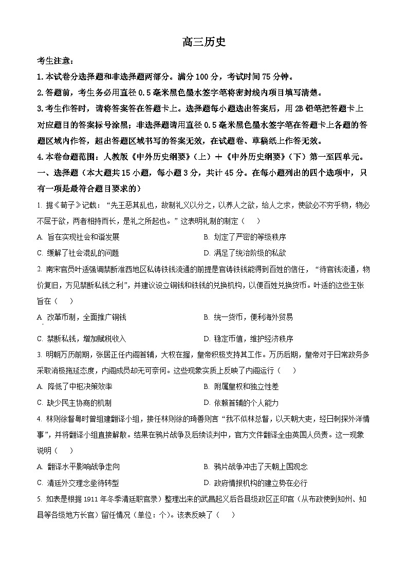 河南省部分学校2024-2025学年高三上学期11月月考历史试题无答案第1页