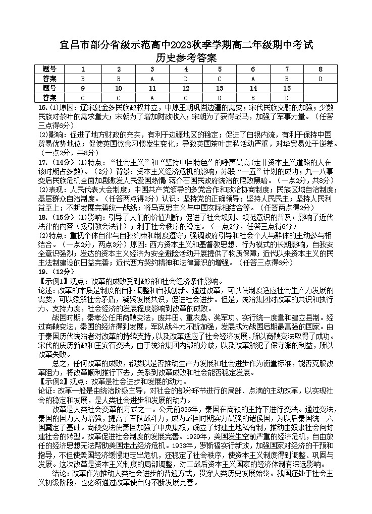 湖北省宜昌市部分示范高中2024-2025学年高二上学期期中联考历史试题答案20241031第1页