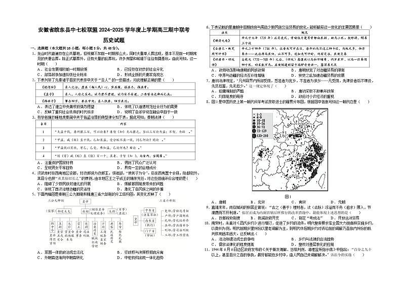 安徽省皖东县中七校联盟2024-2025学年度上学期高三期中联考历史试题第1页