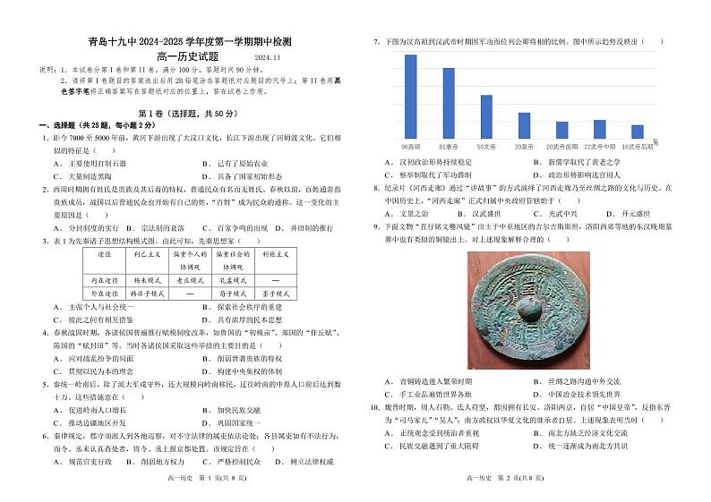 山东省青岛第十九中学2024-2025学年高一上学期期中考试历史试题第1页