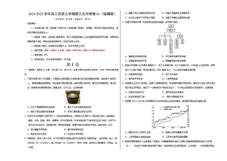 高二历史第三次月考卷01(考试版A3)(统编版)【测试范围:选必一+选必二1~6课】第1页