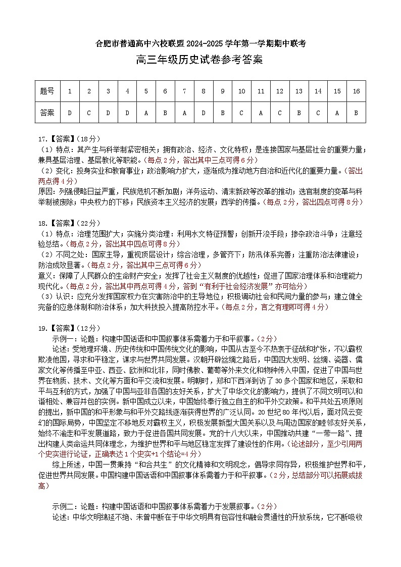 安徽省合肥市普通高中六校联盟2025届高三上学期期中联考历史答案第1页