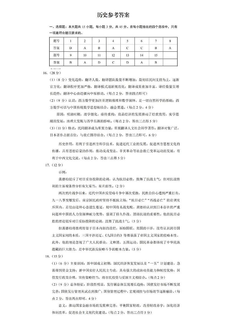 重庆市第一中学2025届高三11月期中考试历史答案第1页
