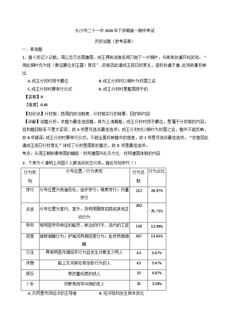 湖南省长沙市第二十一中学2024-2025学年高一上学期期中考试历史试题(含解析)第1页