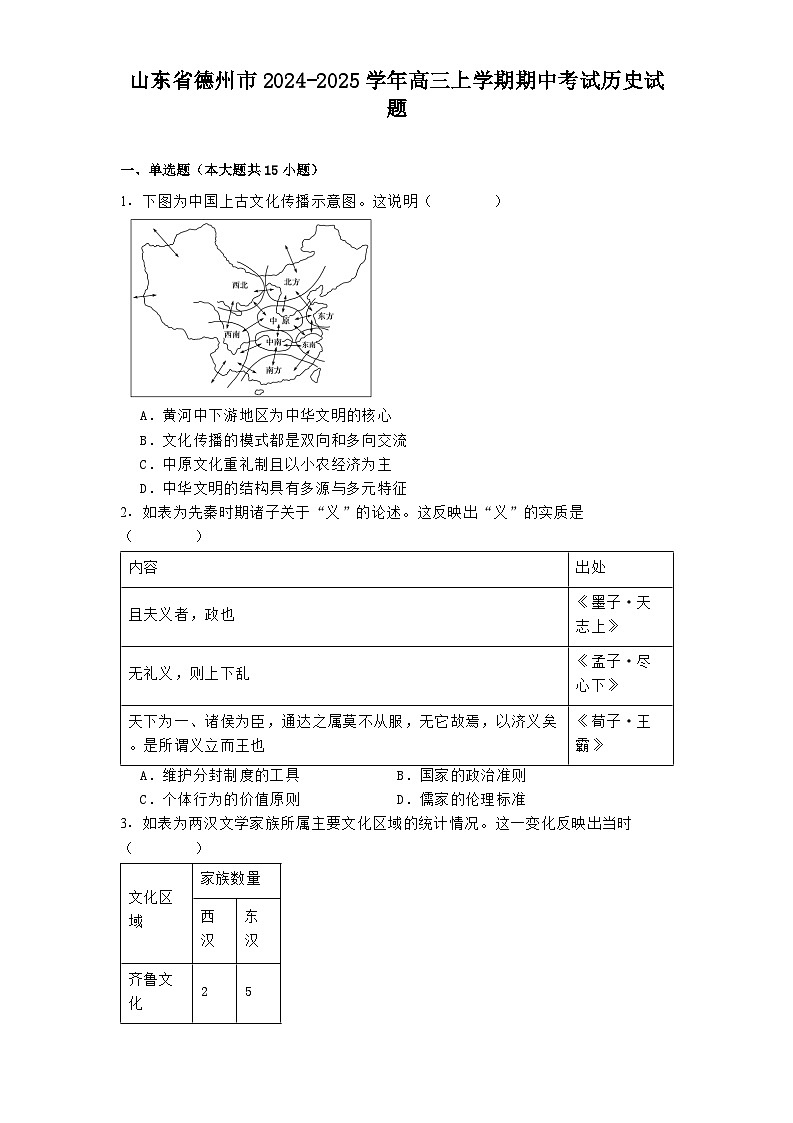 山东省德州市2024-2025学年高三上学期期中考试历史试题第1页