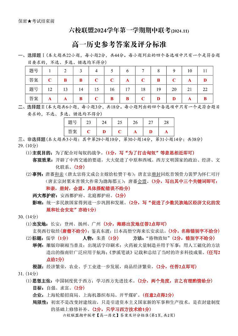 【高一 历史 • 答案和评分标准】六校联盟2024.11 期中联考(11.21)第1页