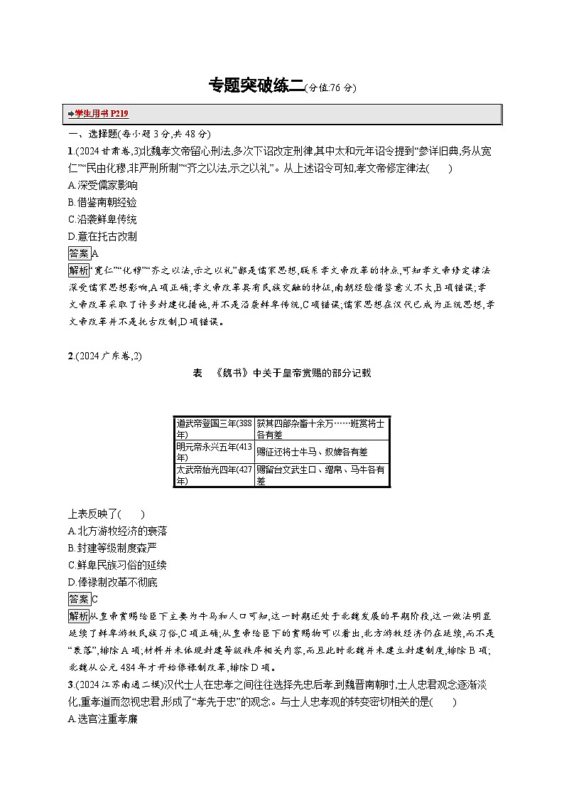 备战2025年高考二轮复习历史(通用通史版)专题突破练2(Word版附解析)第1页