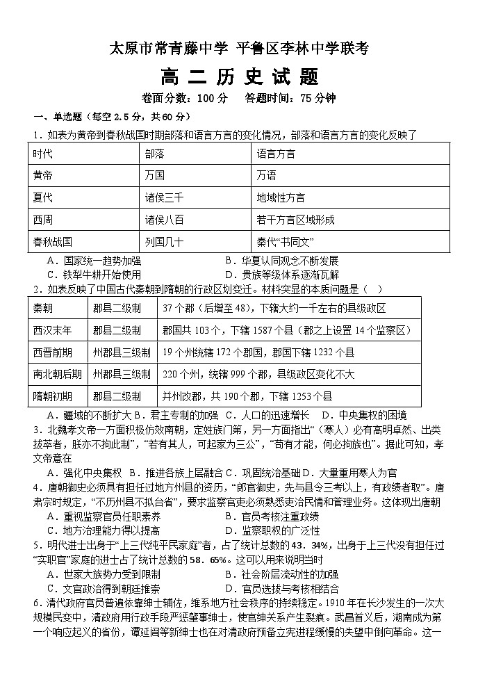 山西省太原市常青藤中学校、李林中学2024-2025学年高二上学期10月联考历史试题第1页