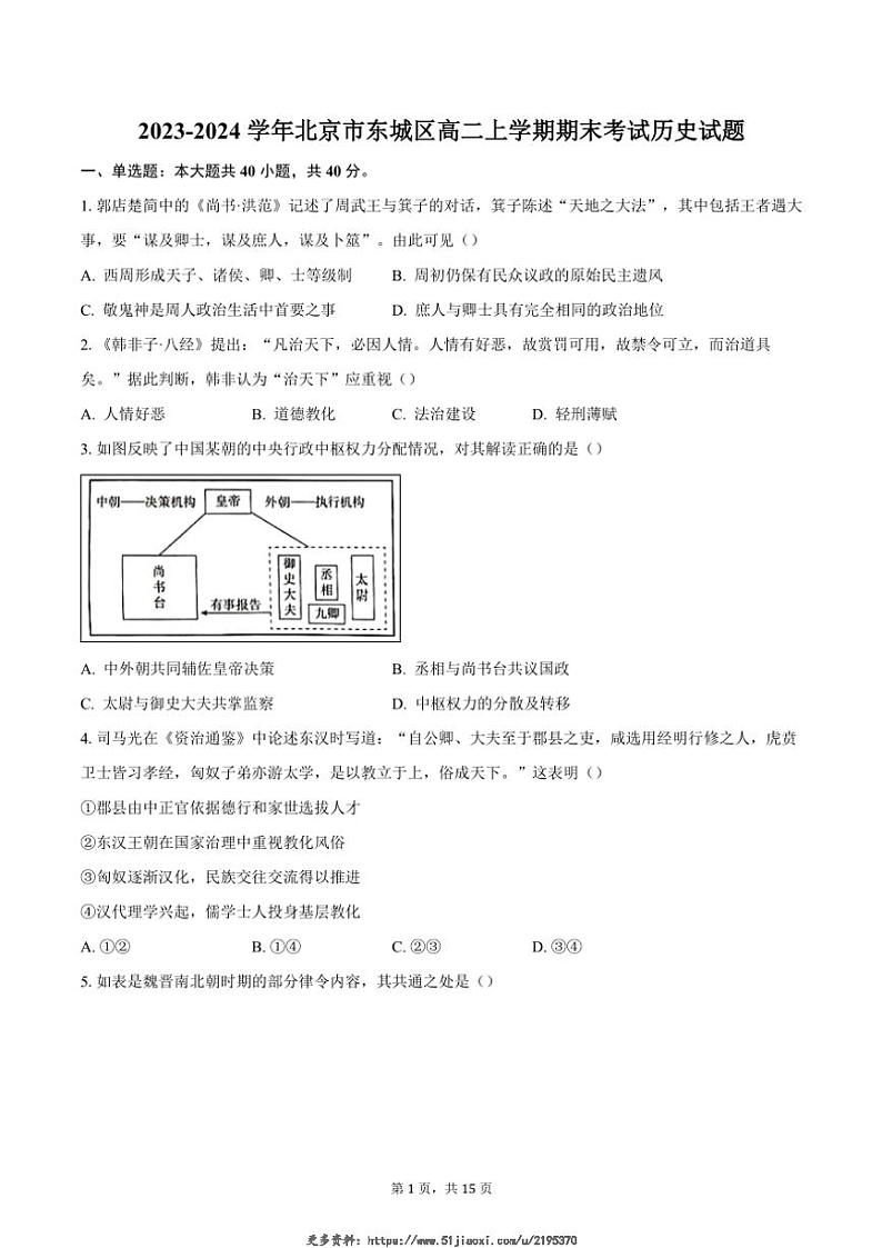 2023~2024学年北京市东城区高二(上)期末考试历史试卷(含答案)第1页