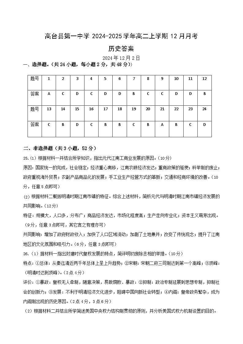 2024年高二年级12月月考历史答案第1页