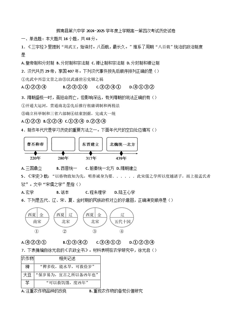 2024-2025学年度吉林省通化市辉南县第六中学高一上学期第四次考试历史试卷第1页