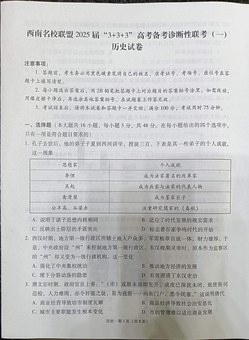 贵州省西南名校联盟2025届“3+3+3高考备考诊断性联考(一)历史试卷第1页