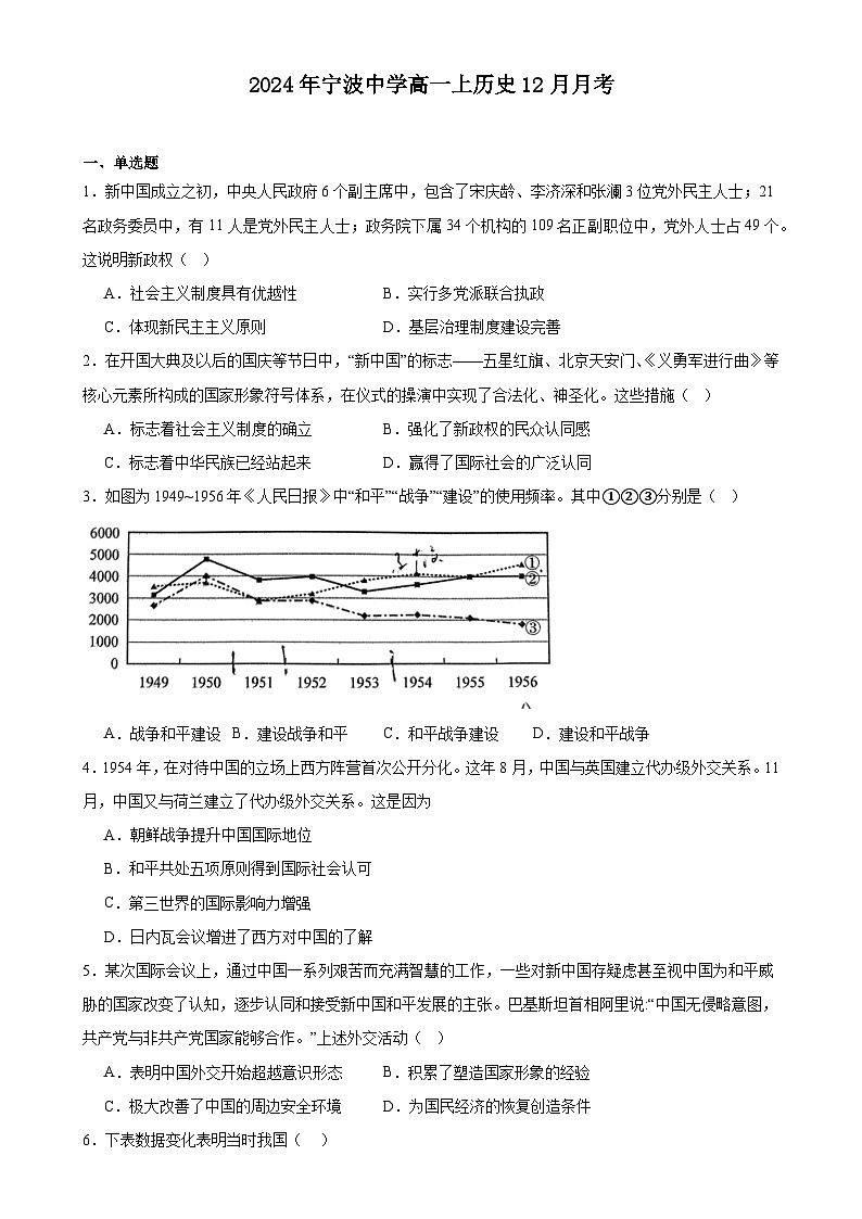 浙江省宁波中学2024-2025学年高一上学期12月月考历史试卷-A4第1页