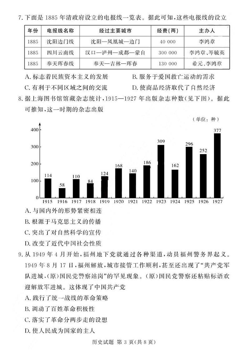 河南省湘豫名校联考2025届高三高考上学期第一轮复习-历史试卷+答案第3页