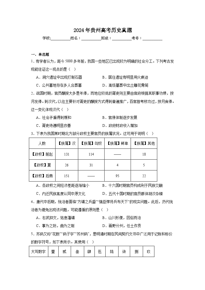 2024年贵州高考历史真题