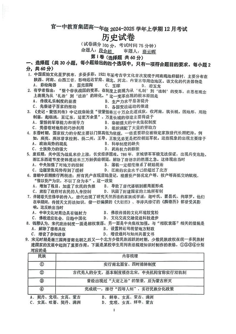 云南省昆明市官渡区第一中学2024-2025学年高一上学期12月考试历史试卷第1页