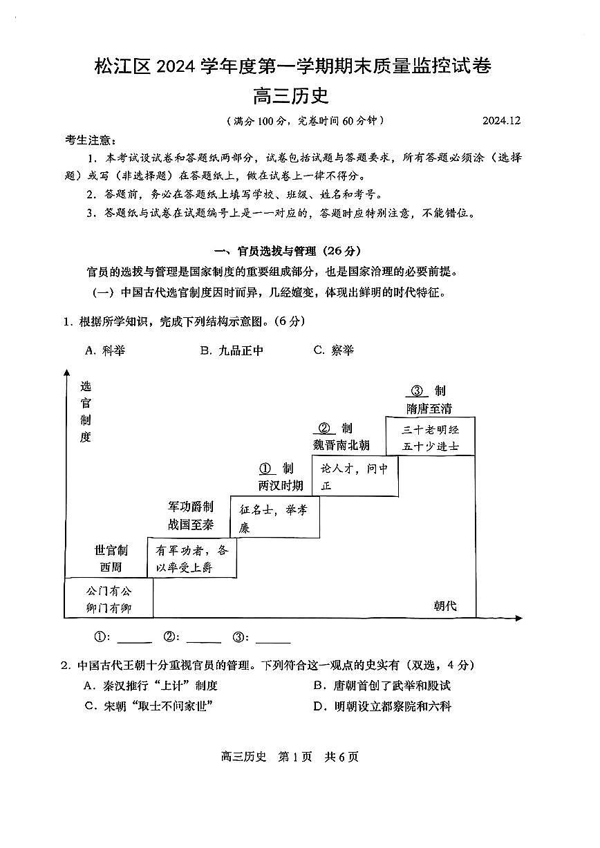 2025屆上海市松江區(qū)高三一模歷史試卷和參考答案第1頁(yè)