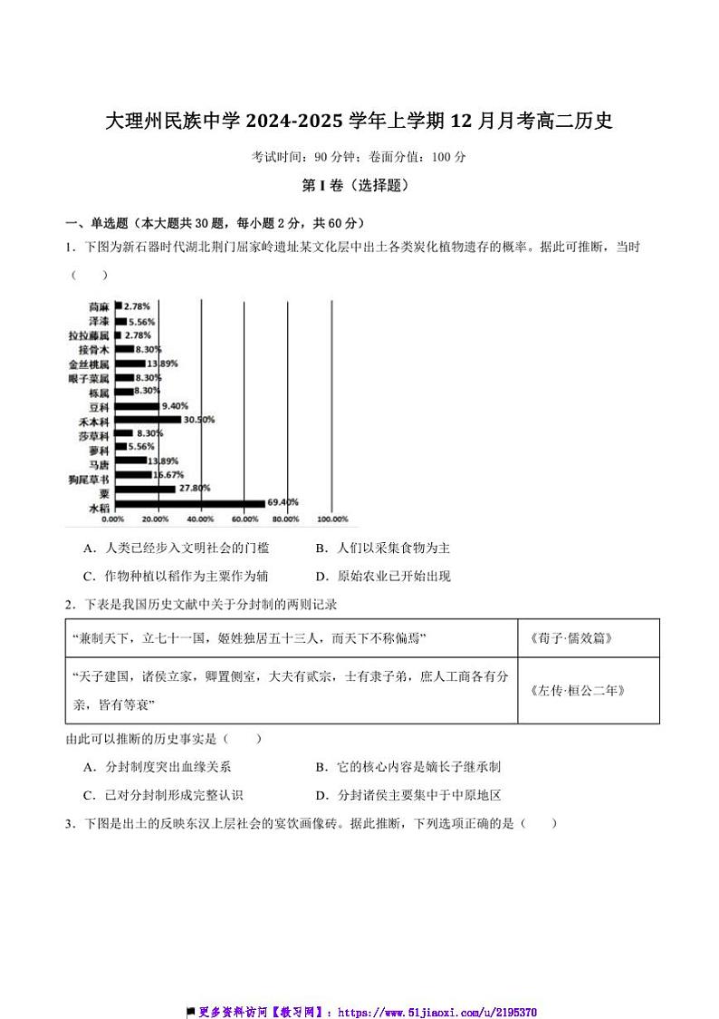 2024~2025学年云南省大理白族自治州民族中学高二上12月月考历史试卷(含答案)第1页