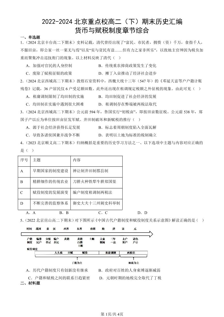 2022-2024北京重点校高二（下）期末真题历史汇编：货币与赋税制度章节综合