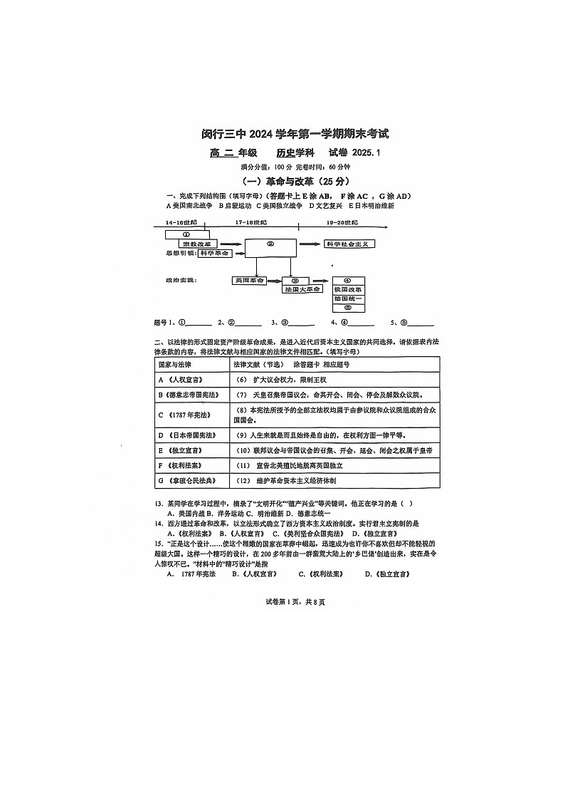 上海市闵行第三中学2024-2025学年高二上学期期末考试历史试题第1页