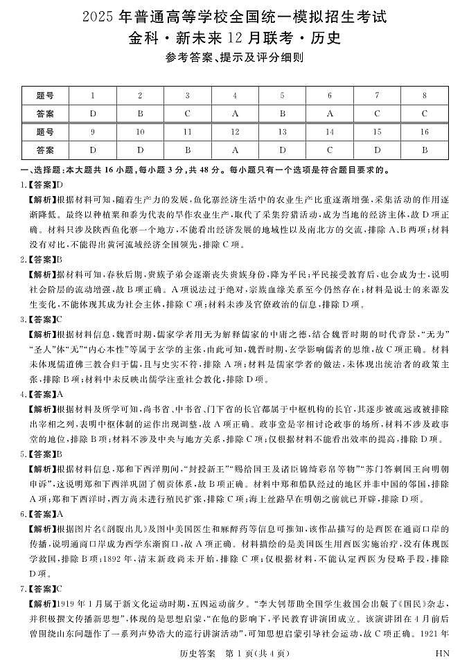 12月25-26高三联考-历史答案第1页