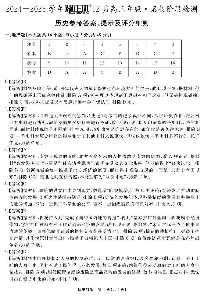 2024-2025学年耀正优12月高三年级·名校阶段检测历史答案第1页
