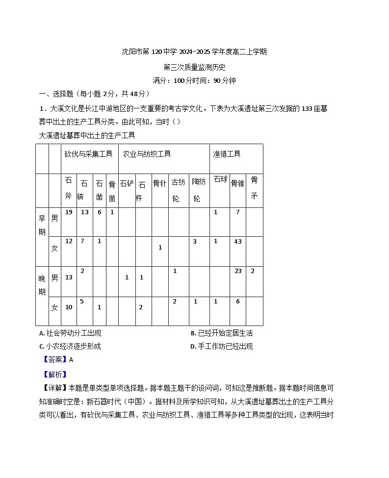 辽宁省沈阳市第一二〇中学2024-2025学年高二上学期第三次质量监历史试题(解析版)第1页
