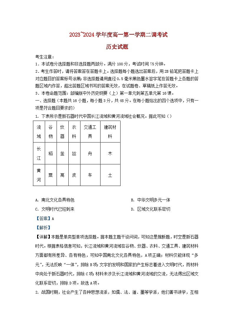 安徽省阜阳市2023_2024学年高一历史上学期期中试题含解析第1页