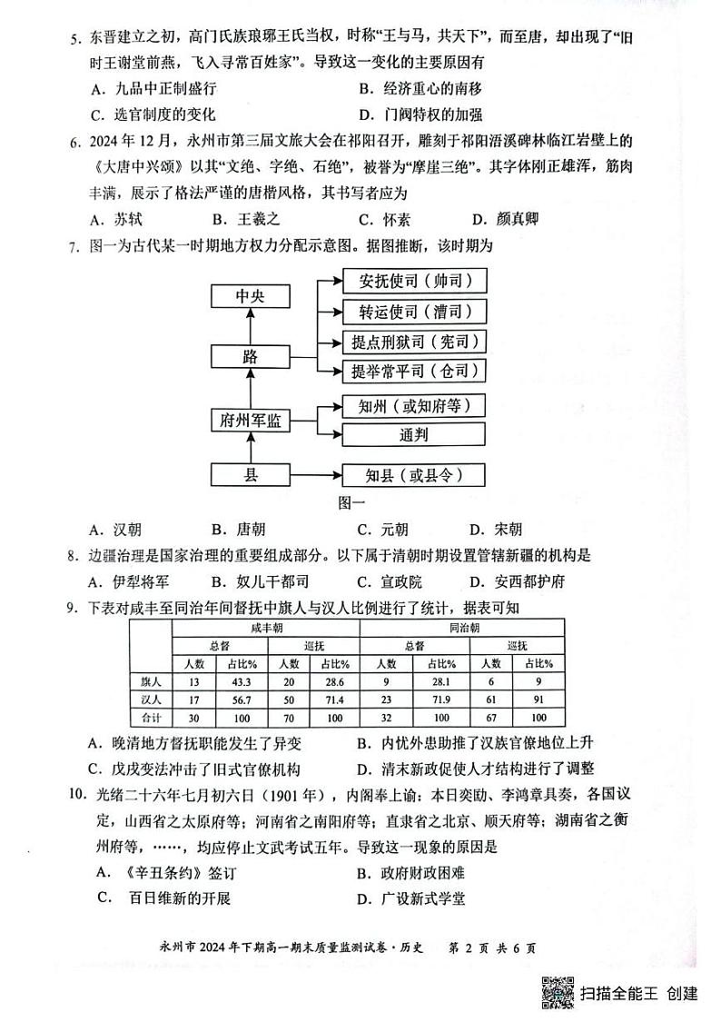 永州市2024年下期高一期末质量检测历史 永州市2024年下期高一期末质量检测历史第2页