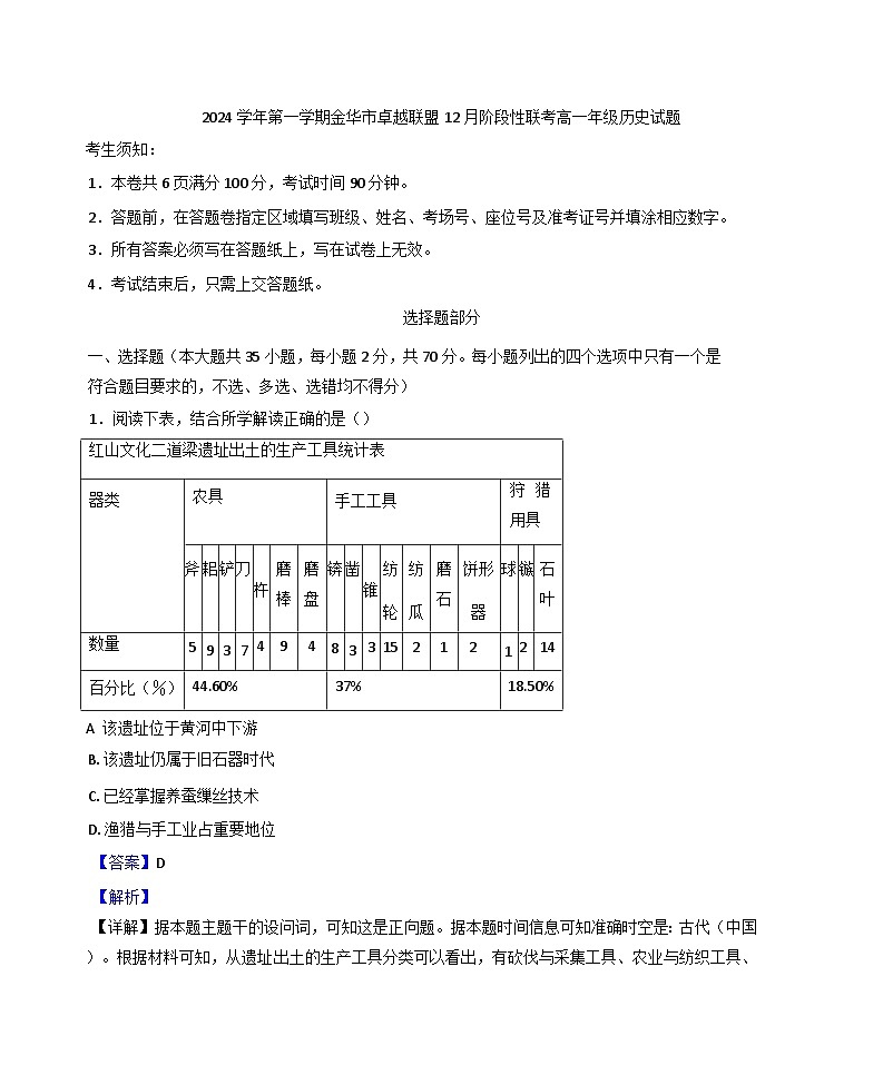 浙江省金华市金华卓越联盟2024-2025学年高一上学期12月月考历史试题(解析版)第1页