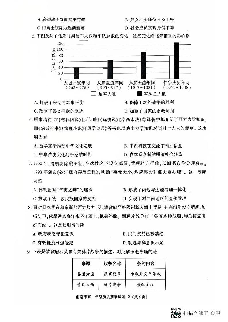 2024-2025年度陕西省渭南市高一历史第一学期期末考试试题第2页