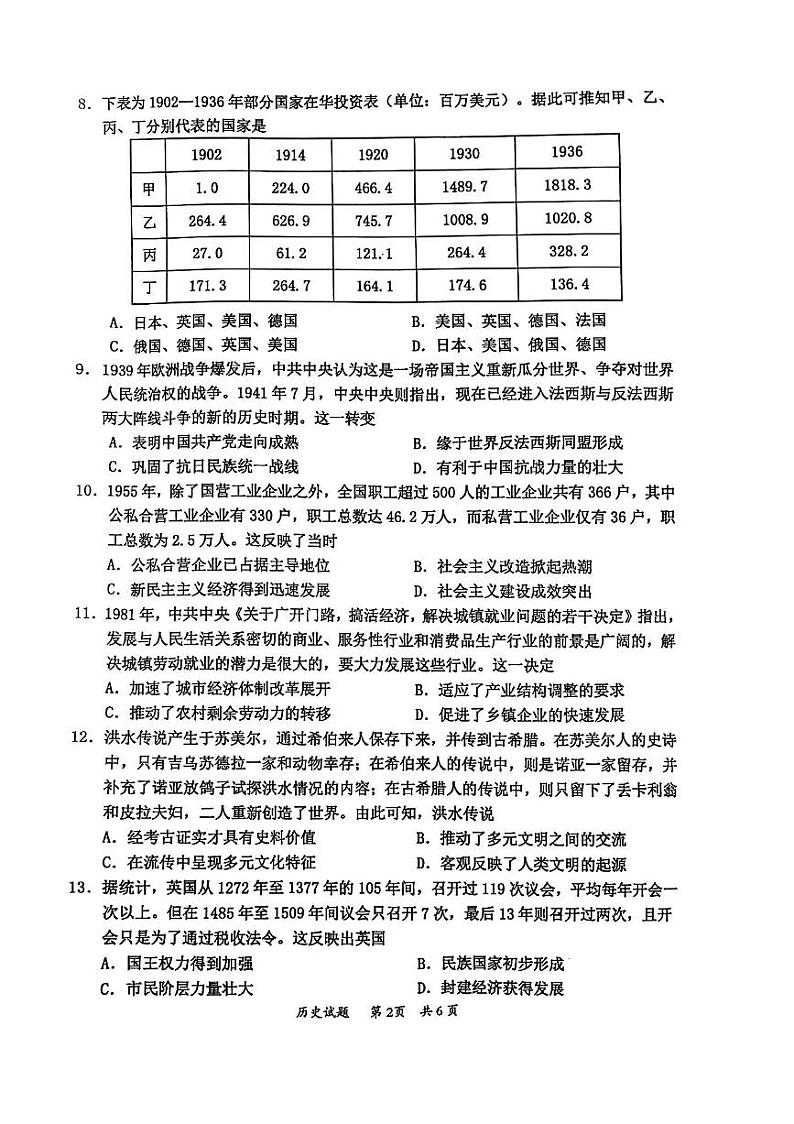 2025惠州高三上学期第三次调研考试(惠州三调)历史PDF版含解析第2页