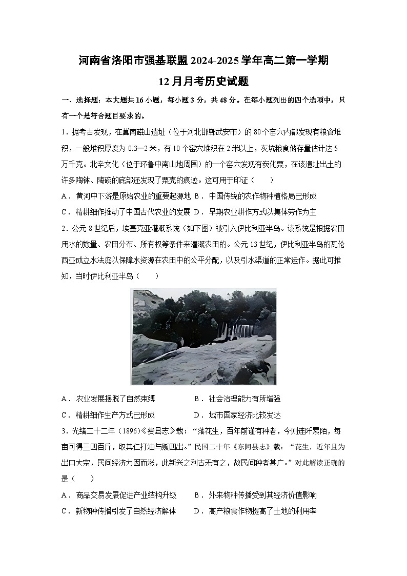 2024~2025学年河南省洛阳市强基联盟高二第一学期12月月考历史试卷第1页