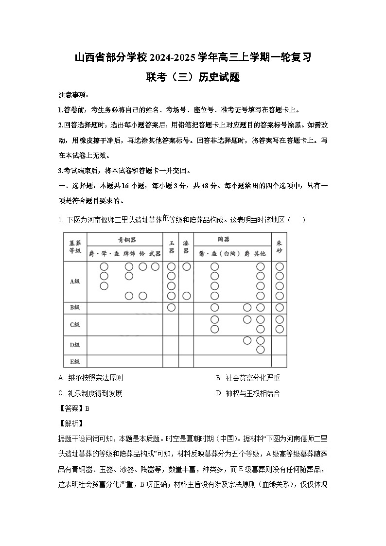 2024~2025学年山西省部分学校高三上学期一轮复习联考月考(三)历史试卷(解析版)第1页