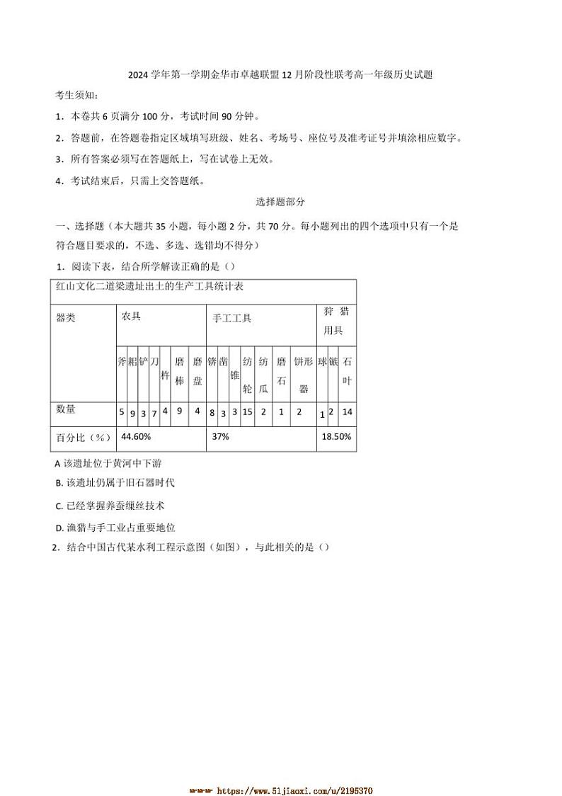 2024~2025学年浙江省金华市金华卓越联盟高一上12月月考历史试卷(含答案)第1页