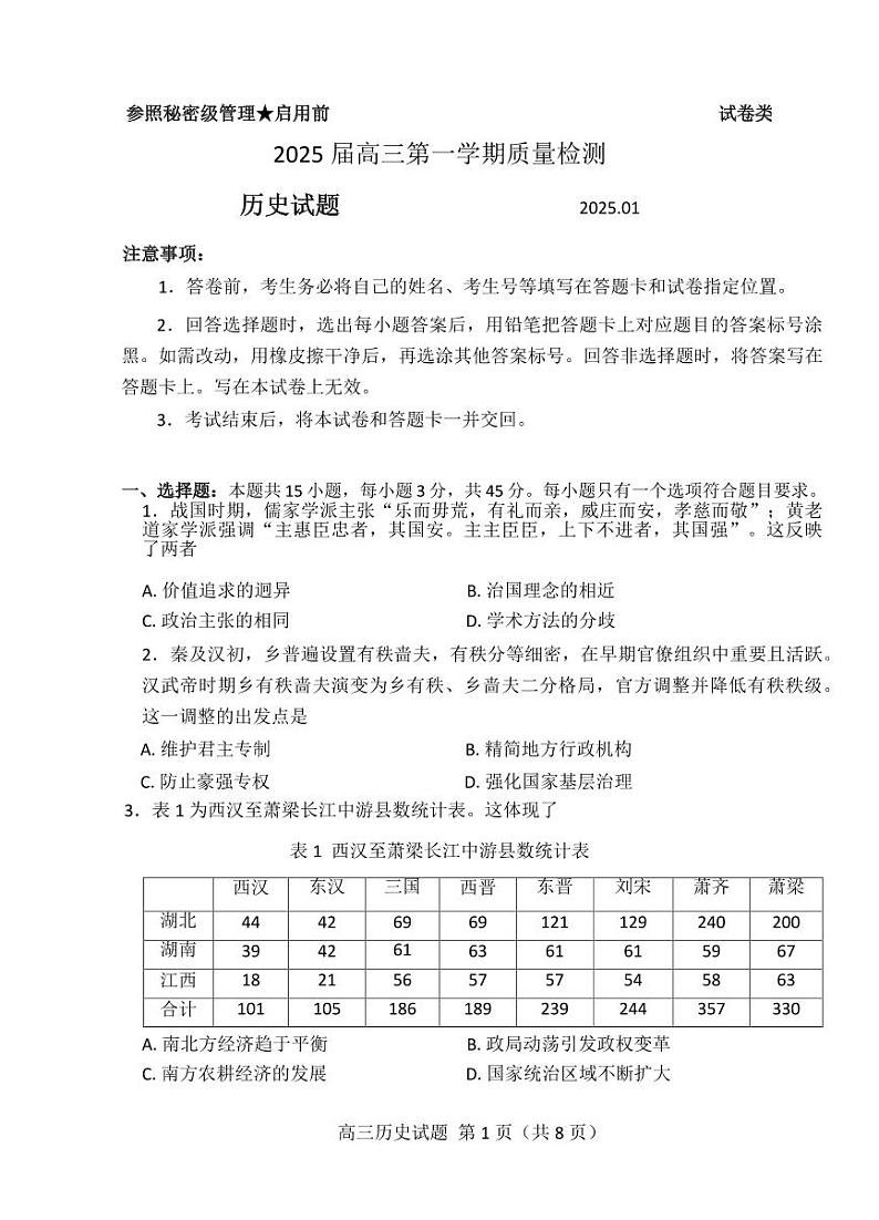 历史丨山东省枣庄市2025届高三1月第一学期质量检测(枣庄一调)历史试卷及答案第1页
