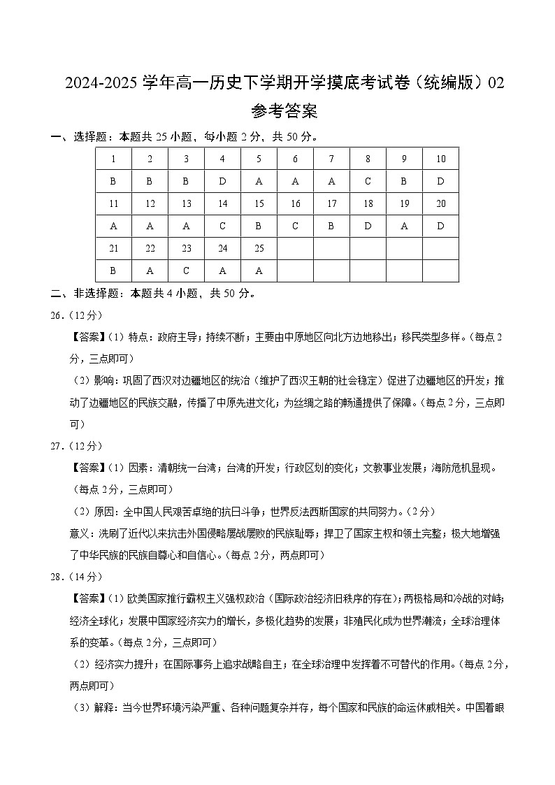 【开学摸底考】2024-2025学年春季期高一历史开学摸底考(统编版)02(参考答案)第1页