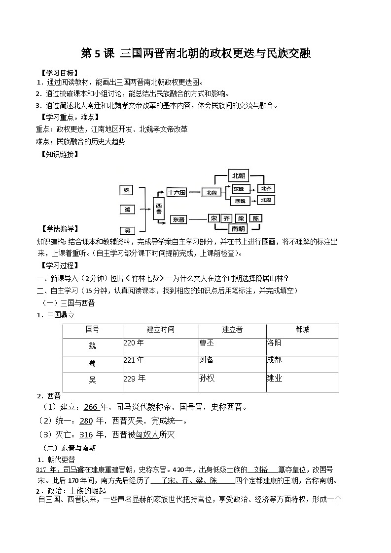 第5课 三国两晋南北朝的政权更迭与民族交融,导学案第1页