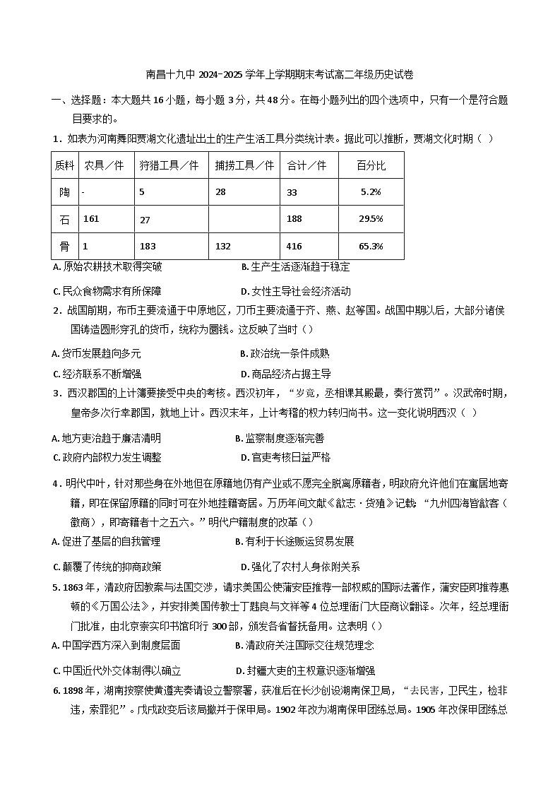江西省南昌市第十九中学2024-2025学年高二上学期期末考试历史试题(含解析)第1页