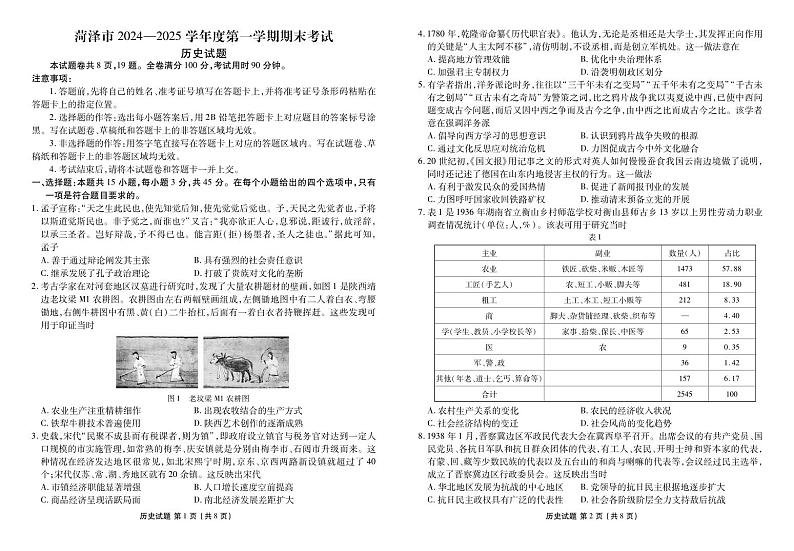 历史丨山东省菏泽市2025届高三1月期末试题历史试卷及答案第1页